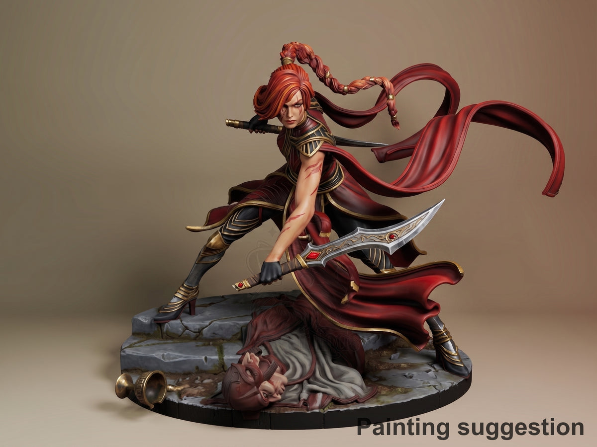 Painted Katarina from League of Legends resin figure crouches with twin blades on stone base.