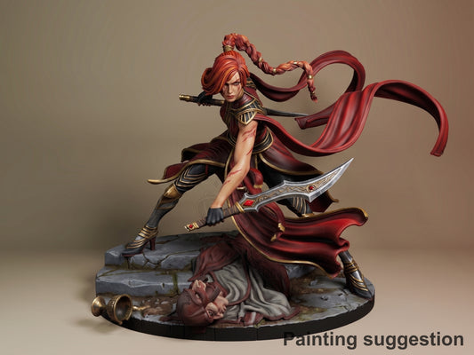 Katarina resin figure in dynamic combat pose on rocky base, red hair and armor detailed, sword raised, flowing cape, fully painted.