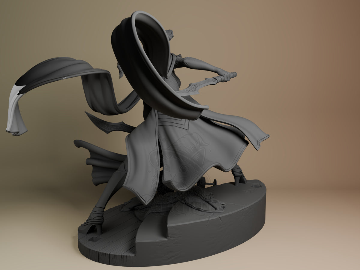 Katarina from League of Legends lunges with a sword on a sculpted base, an unpainted resin figure.