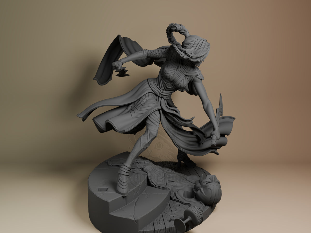 Katarina from League of Legends is an unpainted resin figure, lunging with blades on a sculpted base.