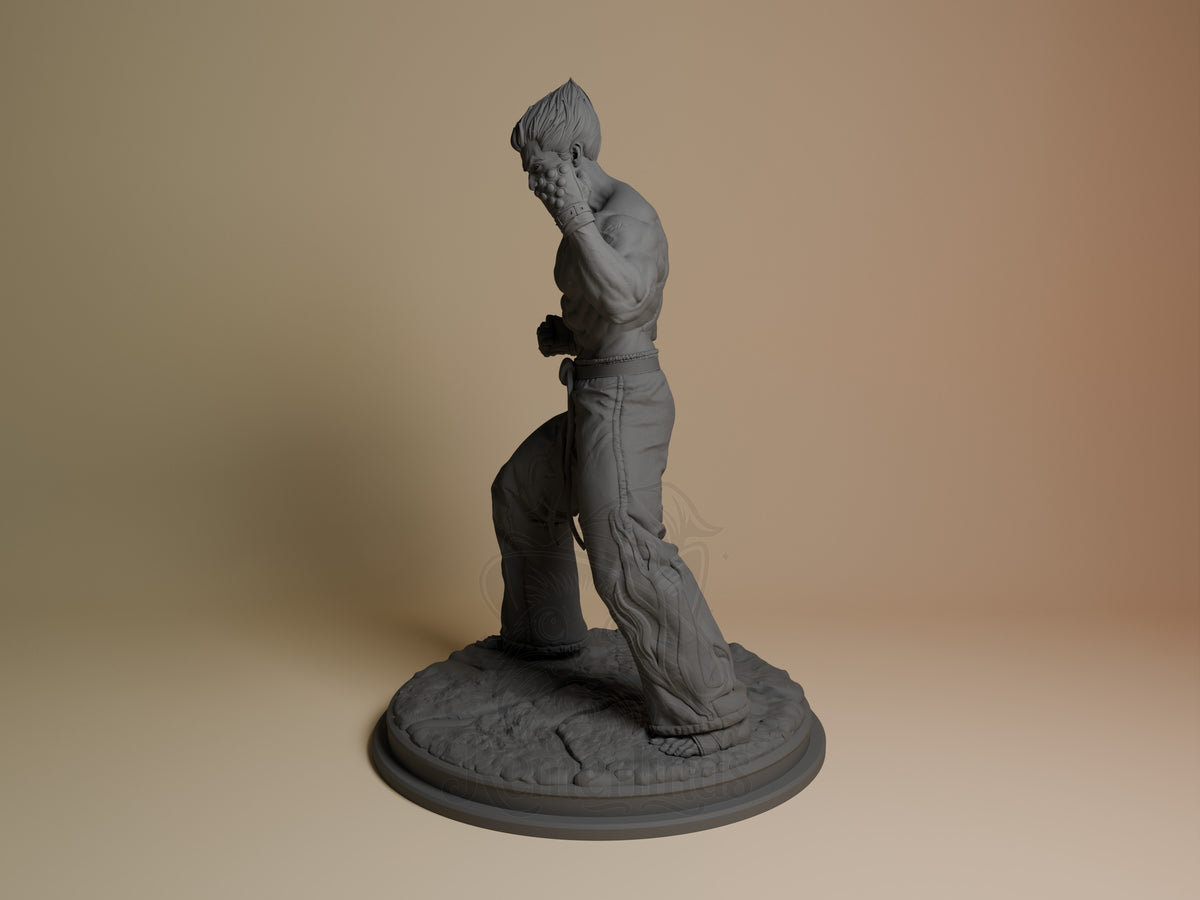 Kazuya resin figure shown from side angle in unpainted gray, displaying muscular torso and dynamic pose on circular base.