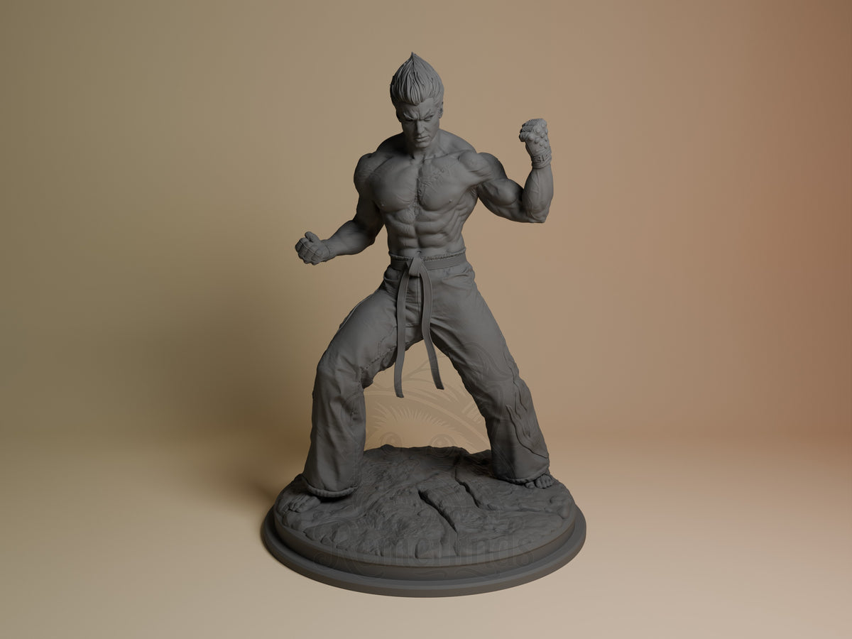 Kazuya resin figure in fighting stance, shirtless muscular torso, dark pants with belt, spiked hair, bare base, unpainted gray finish, front view.