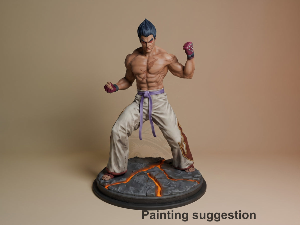 Kazuya resin figure in fighting stance with purple hand wraps, cream pants, and purple belt on lava base, painted demonstration version.