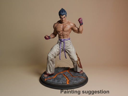 Kazuya resin figure in fighting stance with purple hand wraps, cream pants, and purple belt on lava base, painted demonstration version.