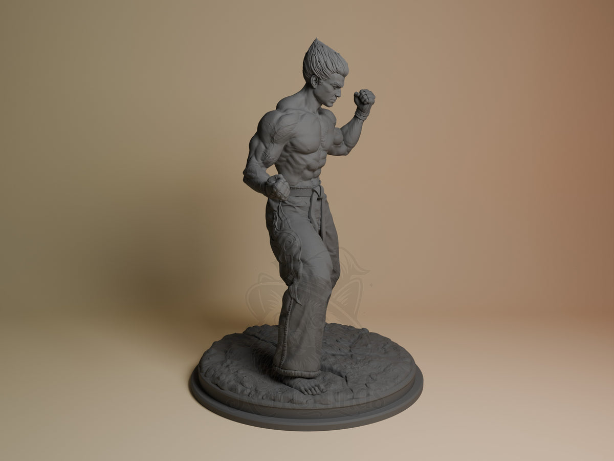 Kazuya Tekken resin figure shown from right side in fighting stance, shirtless with detailed musculature, unpainted gray finish on circular base.