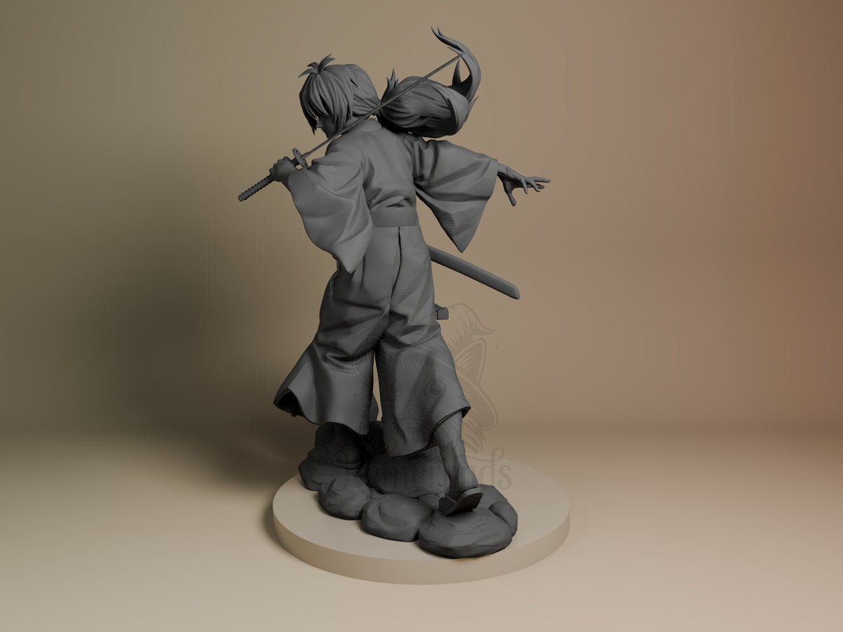 Wandering Swordsman Meiji Blade Legend 3D printed resin figure by Nomnom, angled view showing dimensional details.