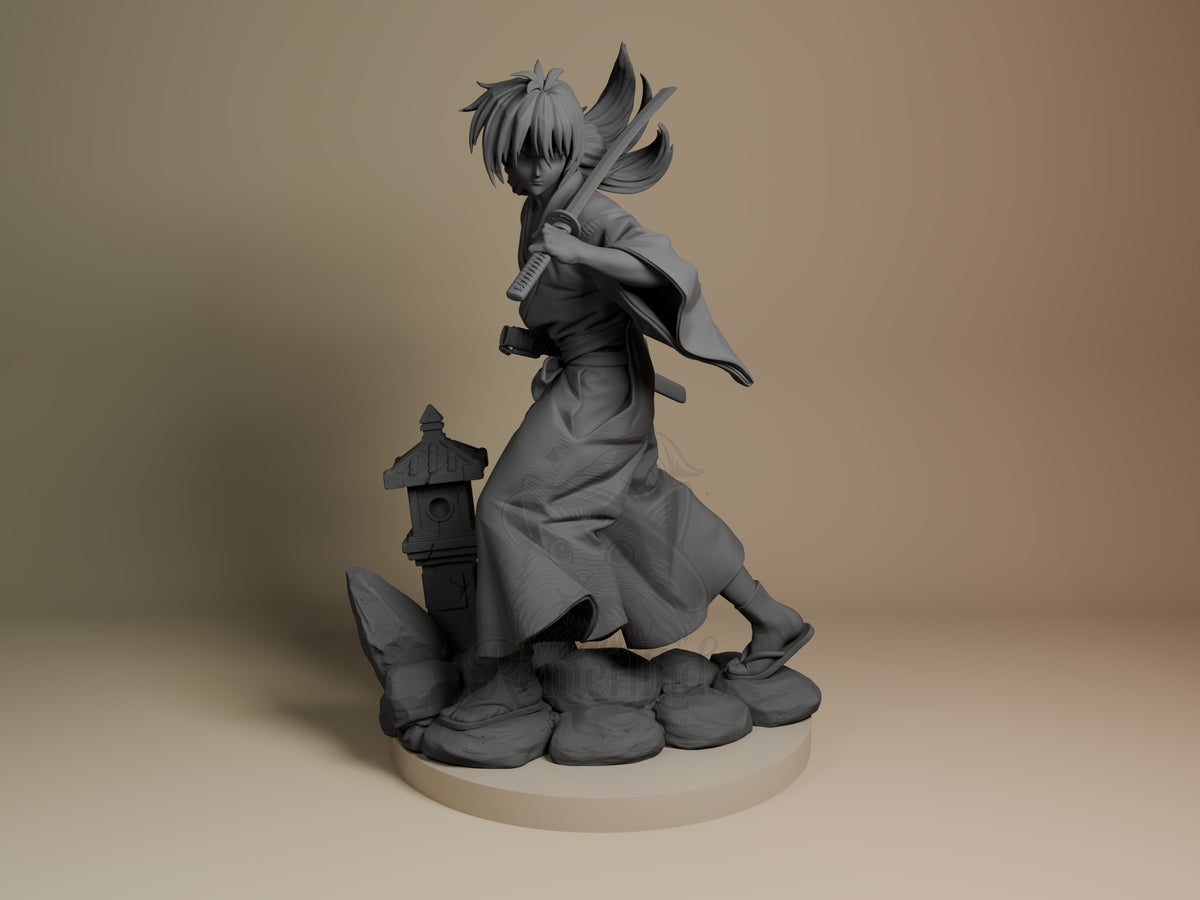 Wandering Swordsman Meiji Blade Legend 3D printed resin figure by Nomnom, unpainted front view. The figure depicts a wandering swordsman in a poised and ready stance, holding a sheathed katana behind his back as if preparing to draw. The kimono features intricate patterns, and the hair is styled in a wild, dynamic fashion enhancing the sense of movement. He stands on a scenic base of stones with a small lantern, presenting a traditional Japanese atmosphere and strong storytelling elements.