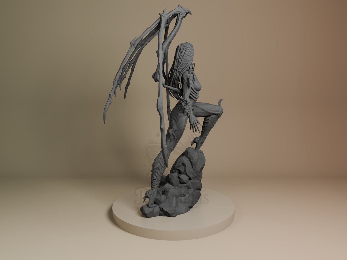 Back view shows Kerrigan from Starcraft II, an unpainted resin figure crouched on a rocky base.