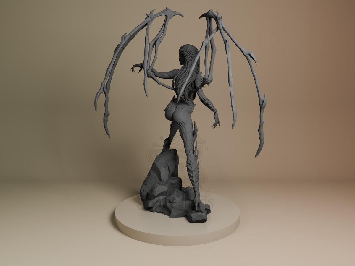 Kerrigan from Starcraft II is an unpainted resin figure viewed from behind, with wings over a sculpted rocky base.
