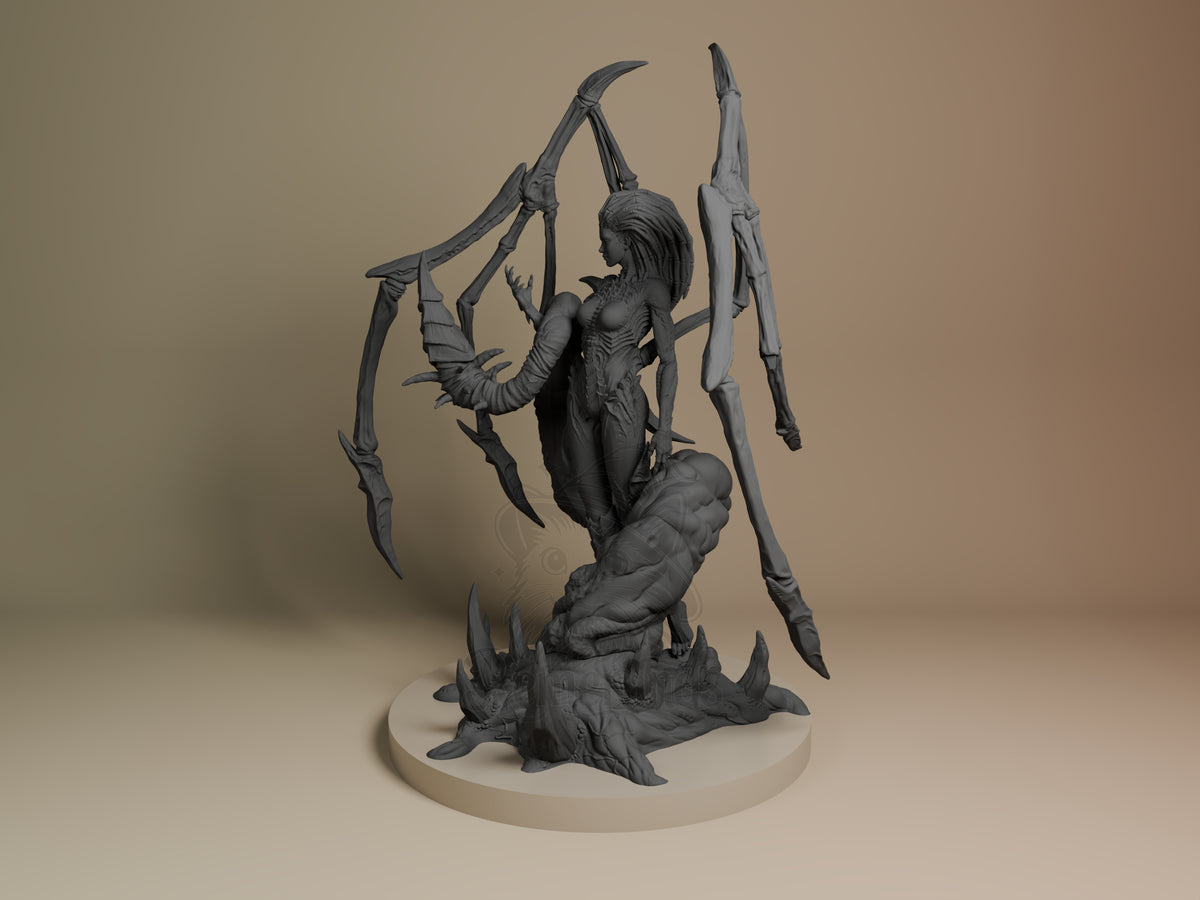 Angled Kerrigan from Starcraft II resin figure, unpainted, with limbs raised on a sculpted base.