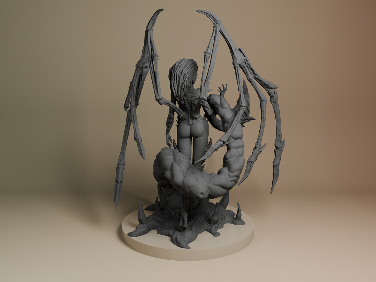 Back view of Kerrigan from Starcraft II, an unpainted resin figure with wings on a sculpted base.