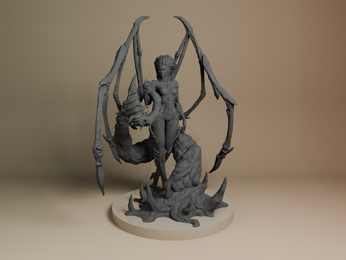 Front view shows Kerrigan from Starcraft II, an unpainted resin figure with wings and sculpted base.