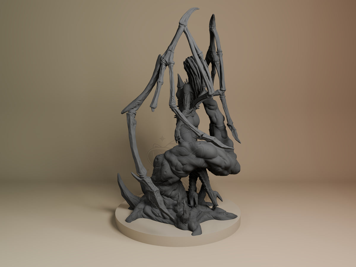 Kerrigan from Starcraft II crouches in an unpainted resin figure with sweeping limbs on a sculpted base.