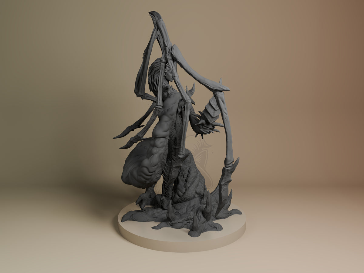 Kerrigan from Starcraft II is an unpainted resin figure shown from the right rear, crouching on a round sculpted base.