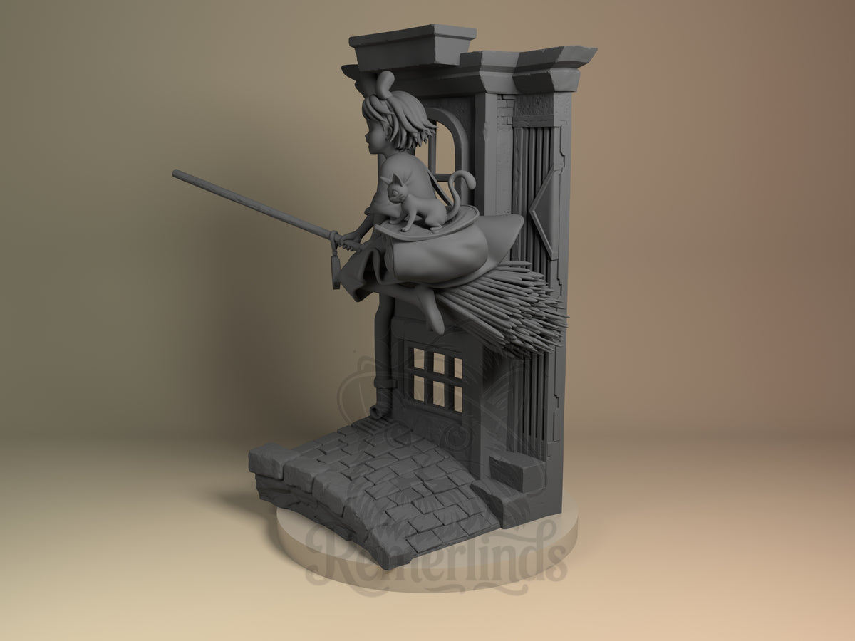Friendly Young Witch Witch's Delivery Adventure 3D printed resin figure by Nomnom, angled view showing dimensional details.