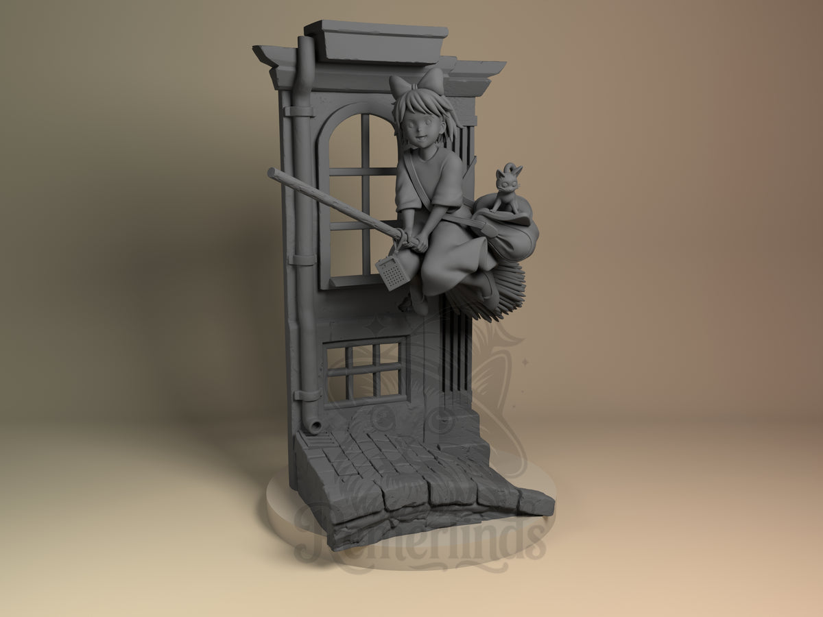 Friendly Young Witch Witch's Delivery Adventure 3D printed resin figure by Nomnom, unpainted front view. The miniature figure depicts a friendly young witch character seated on a broomstick in a dynamic flying pose. The figure includes a small cat companion sitting behind her, adding charm and character. The detailed base includes architectural elements like a window, pipe, and cobblestone pavement, giving the piece a sense of environment and context.