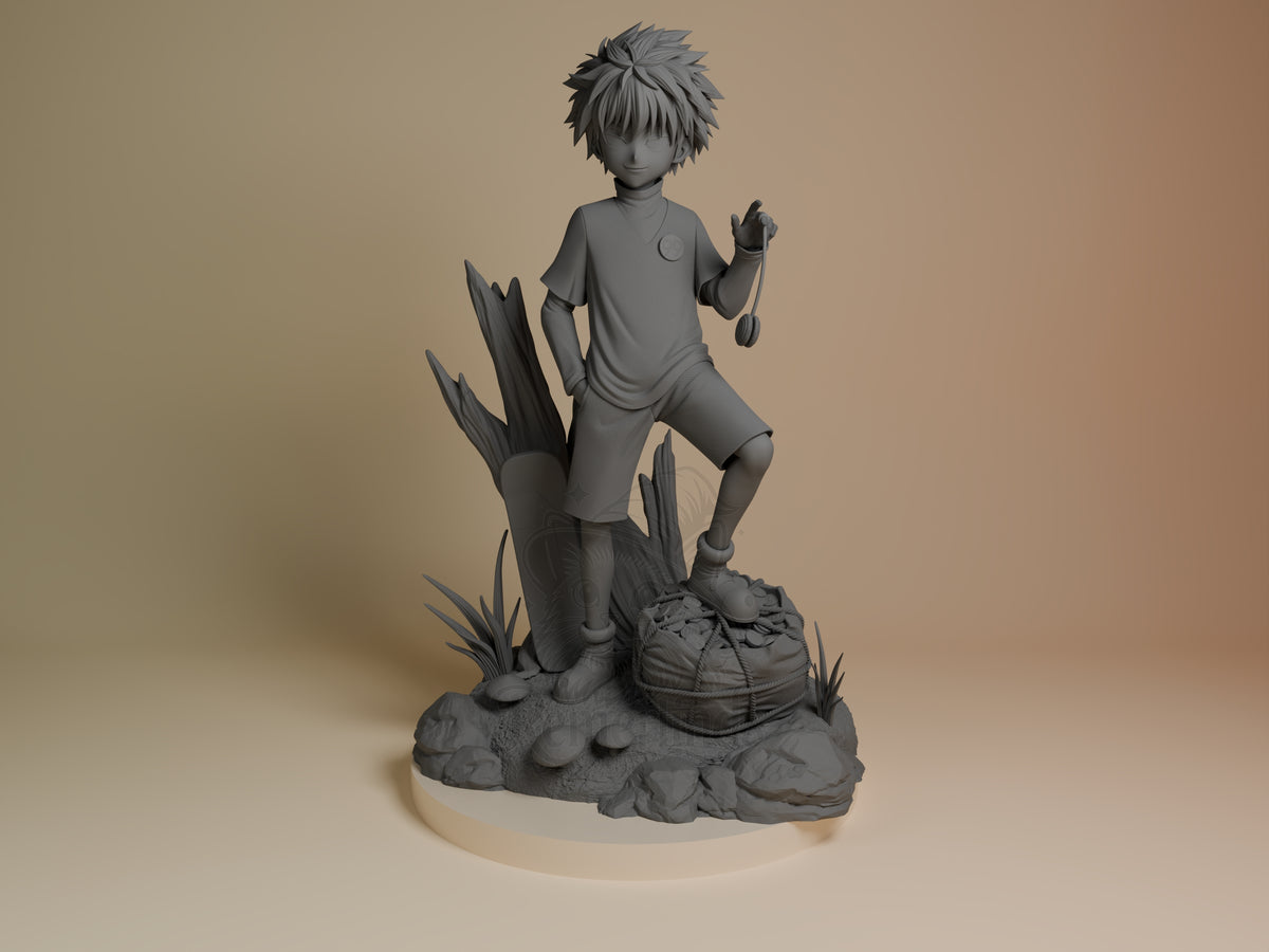 Front view of Killua from Hunter x Hunter, an unpainted resin figure posed on a sculpted rocky base.