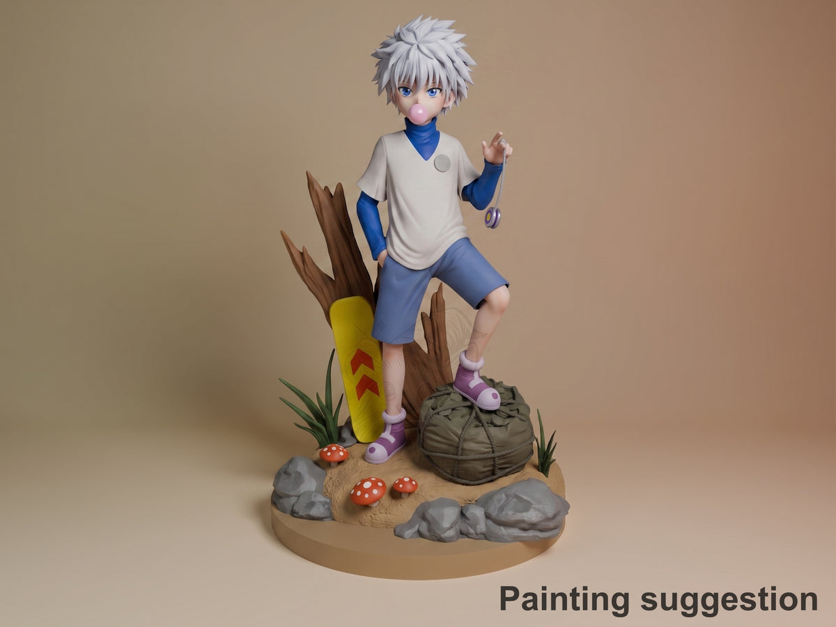 Front-facing painted Killua from Hunter x Hunter is a resin figure on a sculpted woodland base.