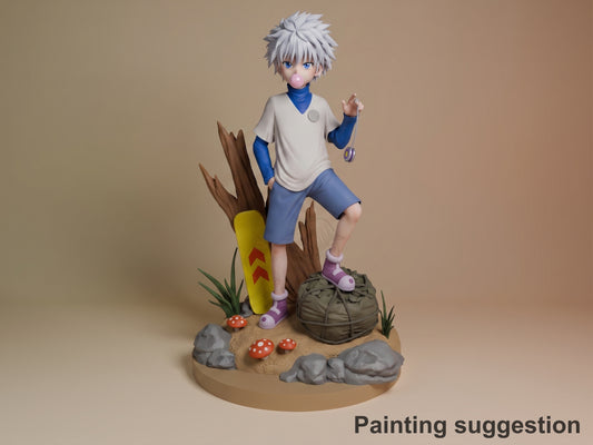Killua resin figure from Hunter x Hunter standing on nature-themed base with rocks and mushrooms, wearing white shirt and blue shorts, fully painted with detailed base decoration.