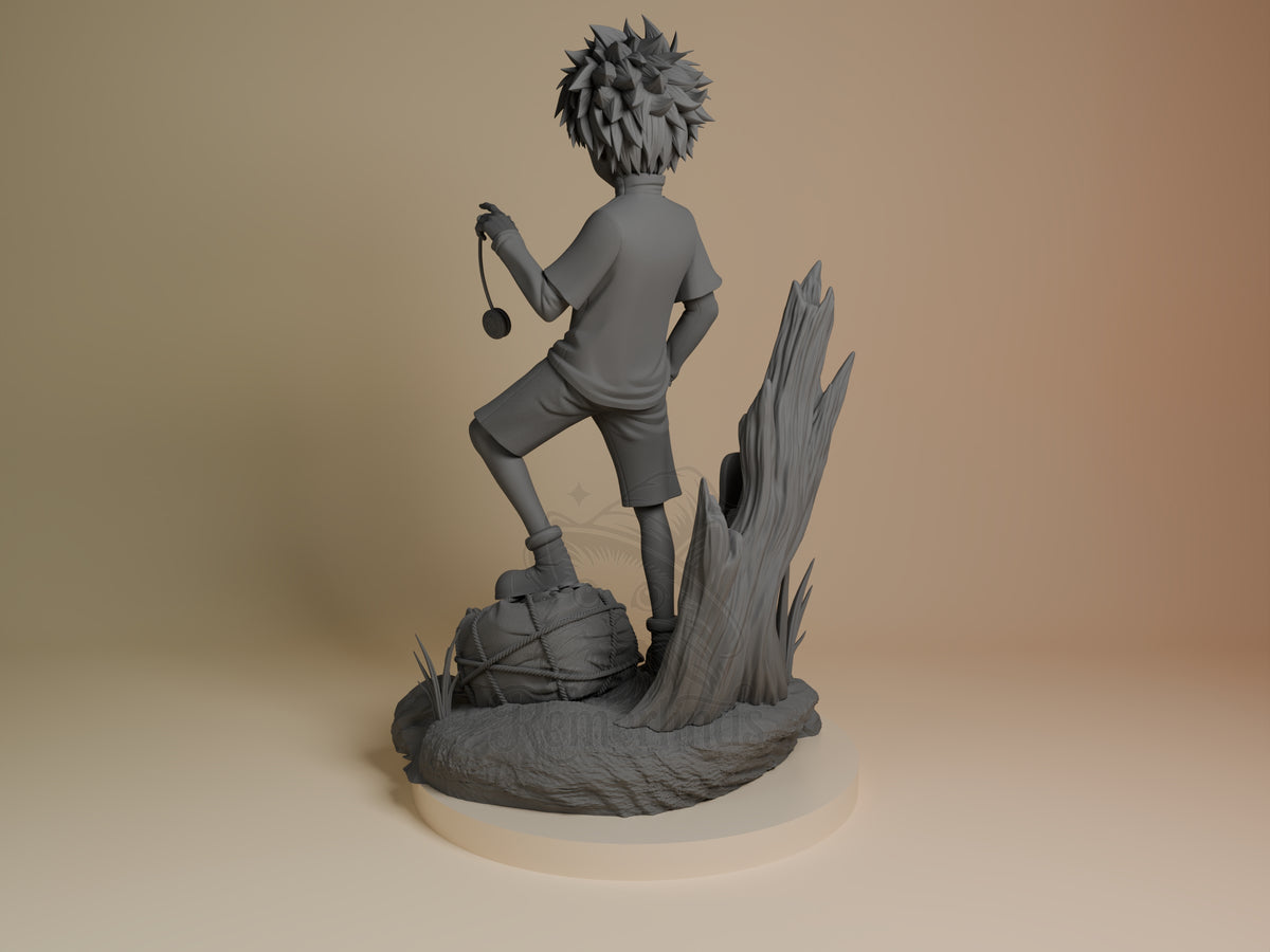 Rear view of unpainted Killua resin figure from Hunter x Hunter, posed on a sculpted rocky tree base.