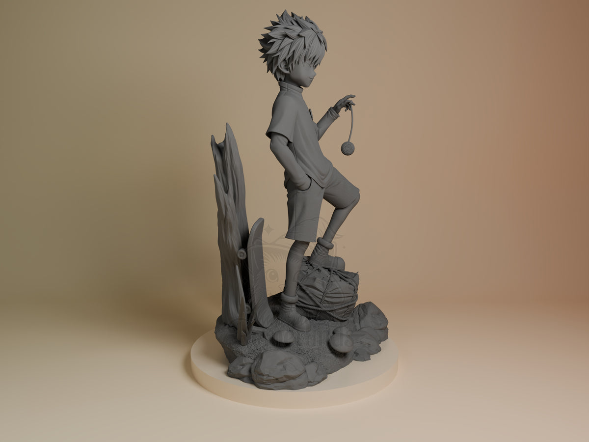 Right-side view of unpainted Killua resin figure from Hunter x Hunter, holding a yo-yo on a sculpted rocky base.