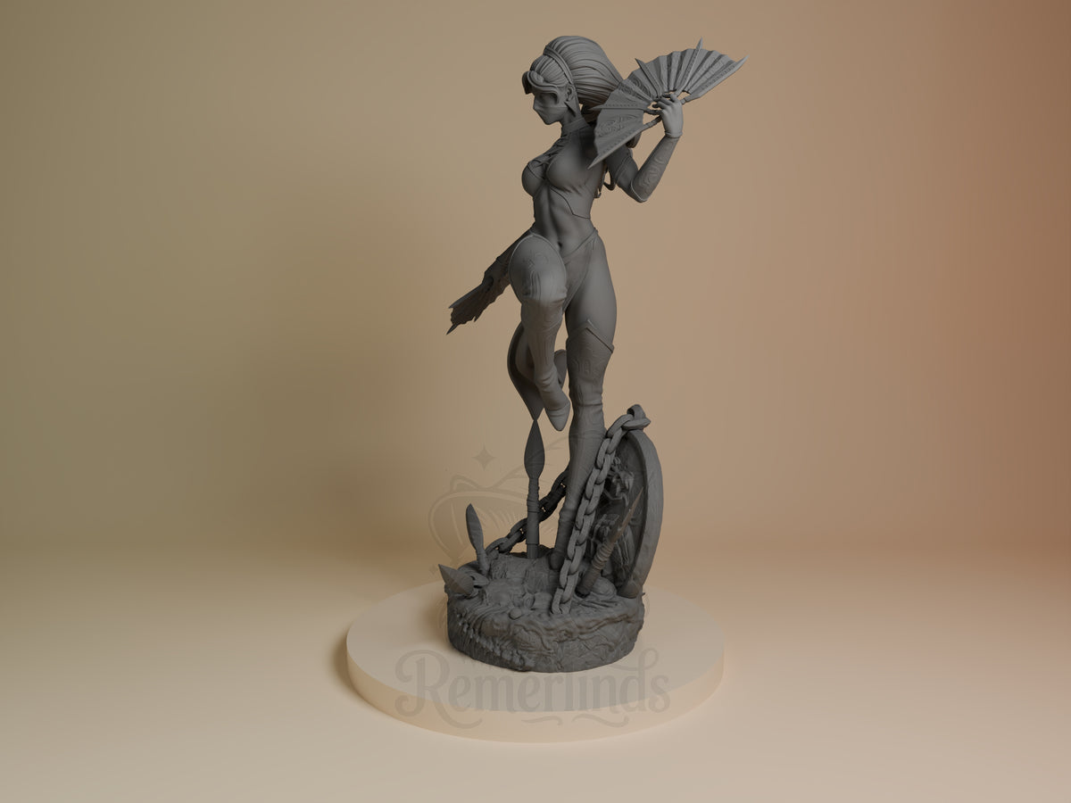 Kitana from Mortal Kombat is an unpainted resin figure, angled with fans on a sculpted base.