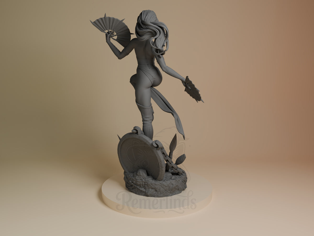 Back view of Kitana from Mortal Kombat, an unpainted resin figure with raised fans on a sculpted base.