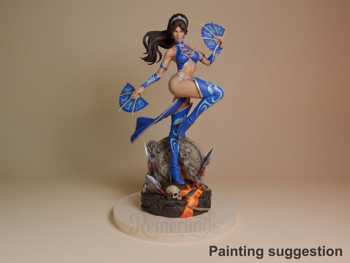 Painted Kitana from Mortal Kombat resin figure is shown three-quarter view, kneeling on one leg with fans and a sculpted||||?