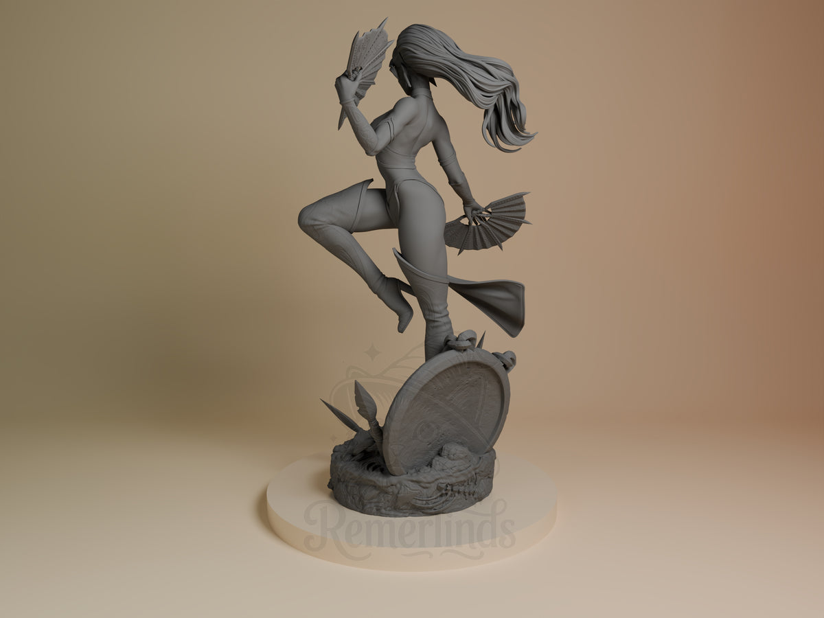 Kitana from Mortal Kombat, an unpainted resin figure in a leaping pose with fans and a sculpted base.
