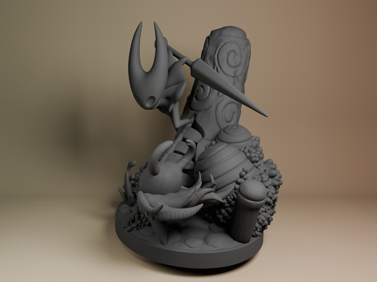 Side angle shows the unpainted Knight and Hornet from Hollow Knight resin figure, with sword and sculpted base.