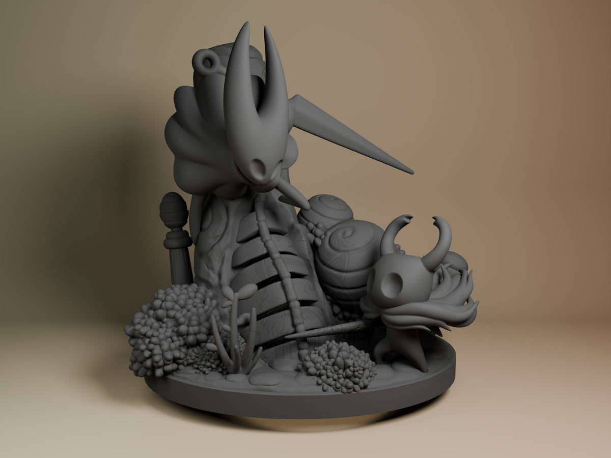 Front view shows Knight and Hornet from Hollow Knight, unpainted resin figure on sculpted base.