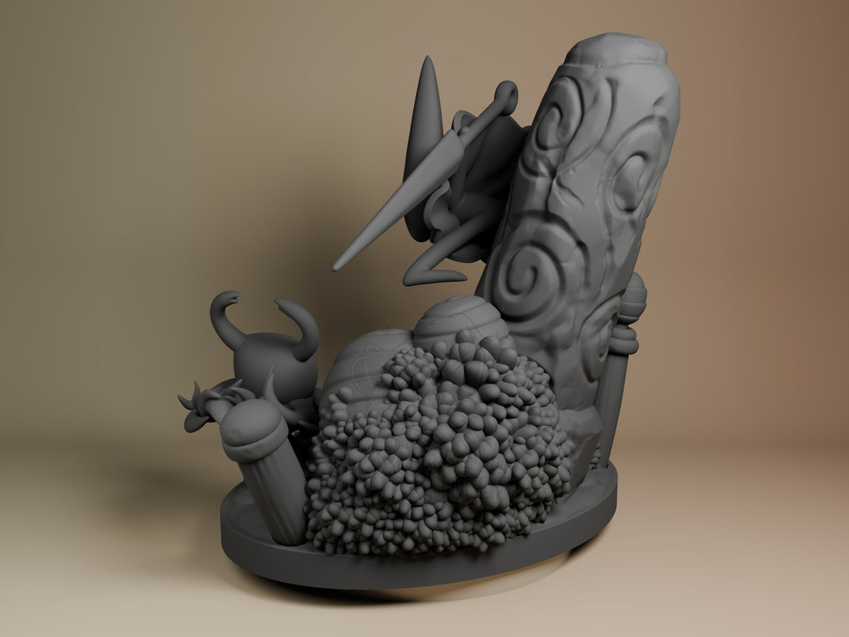 Unpainted resin figure of Knight and Hornet from Hollow Knight on a sculpted base.
