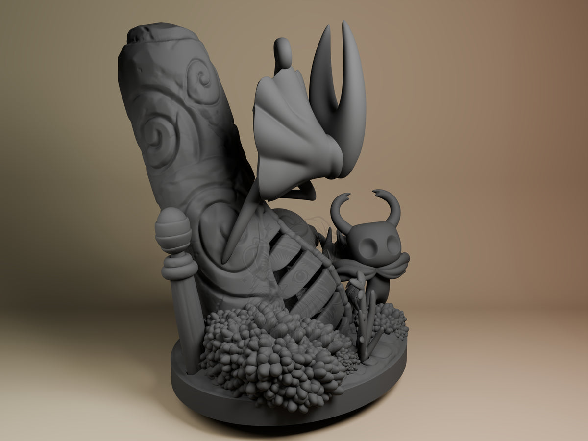 Unpainted Knight and Hornet from Hollow Knight resin figure shown from right on a rocky base.