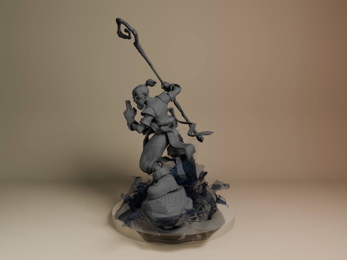 Rear three-quarter view of unpainted Knolan from Battle Chasers, a crouching resin figure with staff on a sculpted water-and?