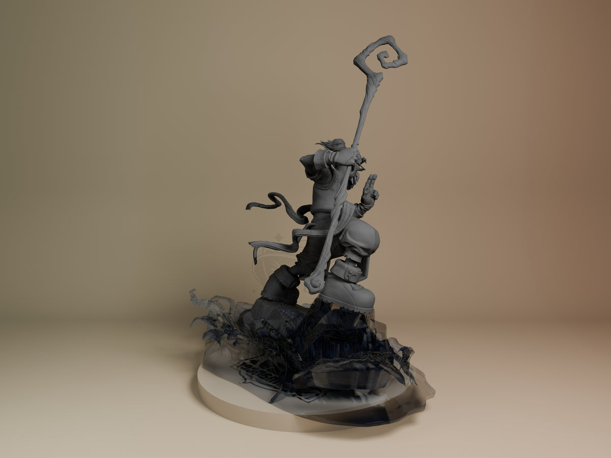 Back three-quarter view of unpainted Knolan from Battle Chasers, a resin figure holding a staff on a rocky base.