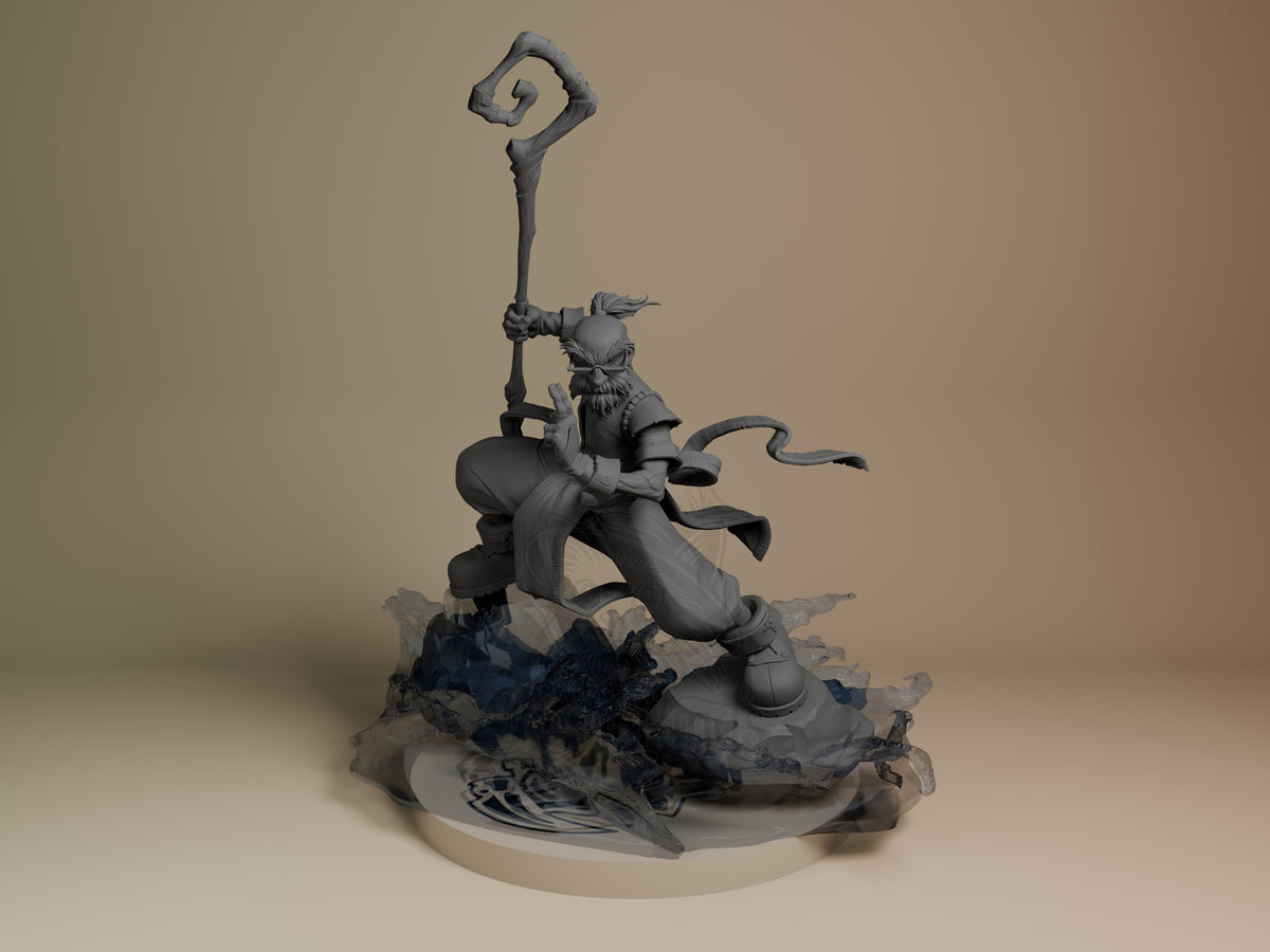 Knolan from Battle Chasers is an unpainted resin figure crouching with a staff on a base.
