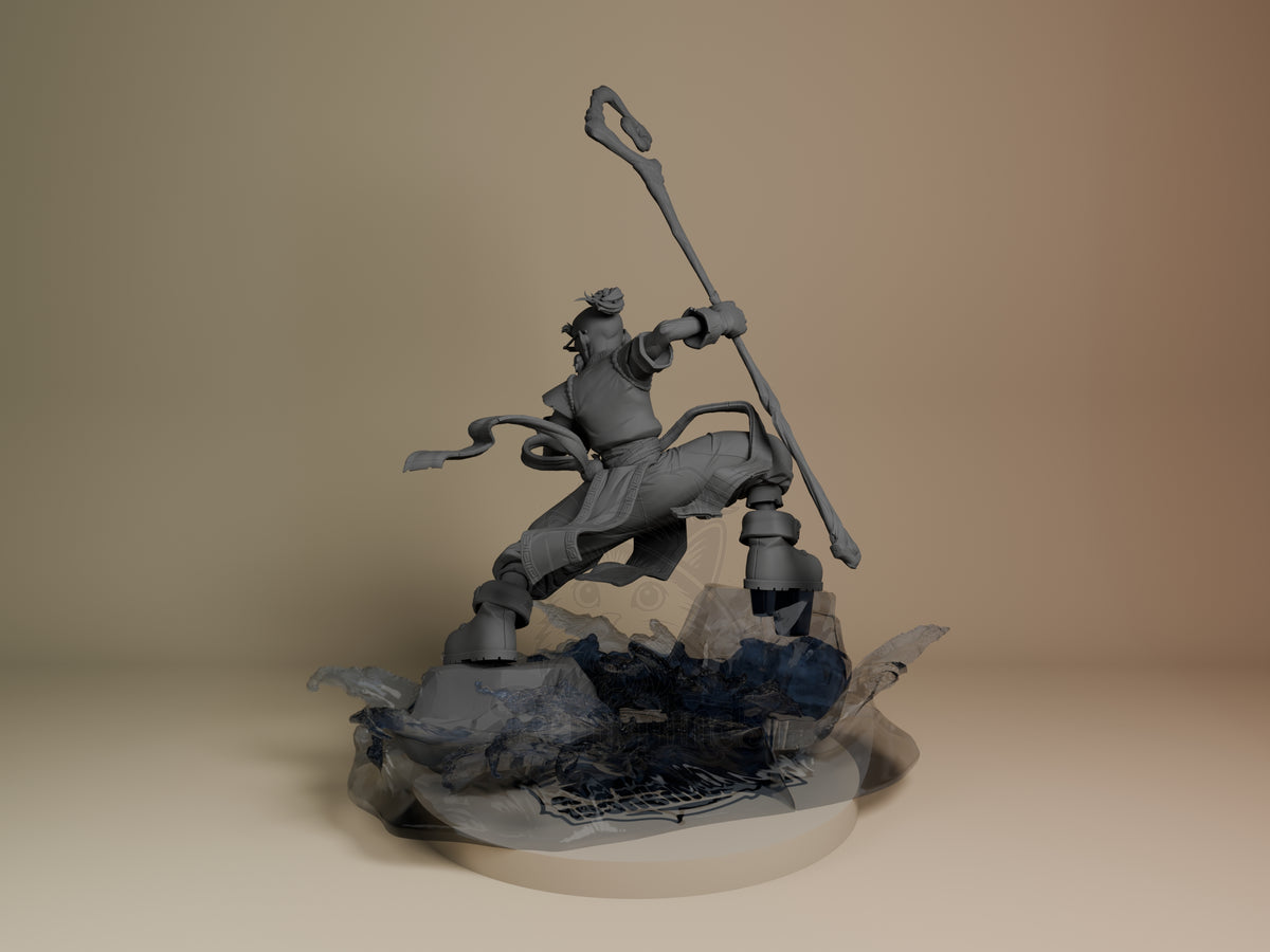 Knolan from Battle Chasers is an unpainted resin figure crouching with staff on sculpted base.