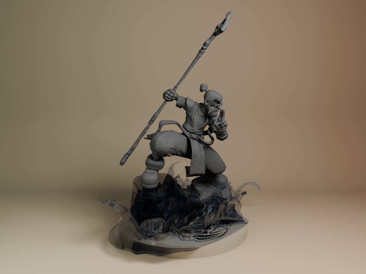 Right-angle view of Knolan from Battle Chasers, an unpainted resin figure crouching with staff on a sculpted base.