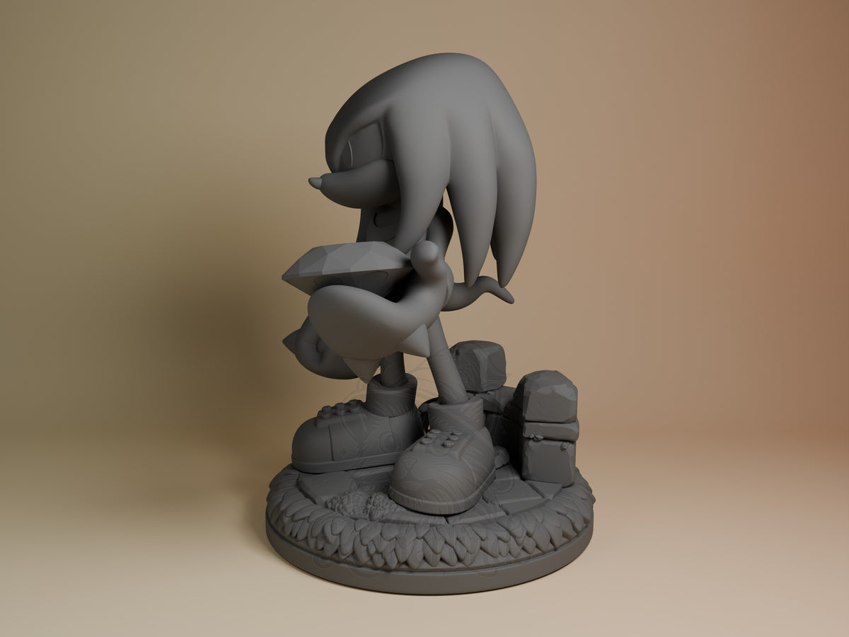 Knuckles resin figure shown at angle, unpainted gray, posed leaning forward on textured base with oversized fists and shoes prominently displayed.