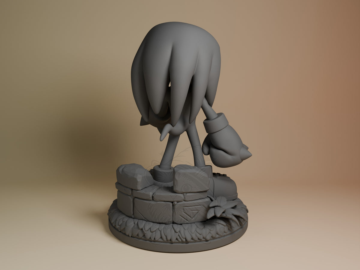 Knuckles resin figure from Sonic shown from behind, unpainted gray, bent forward pose on decorative stone base with ornamental details.