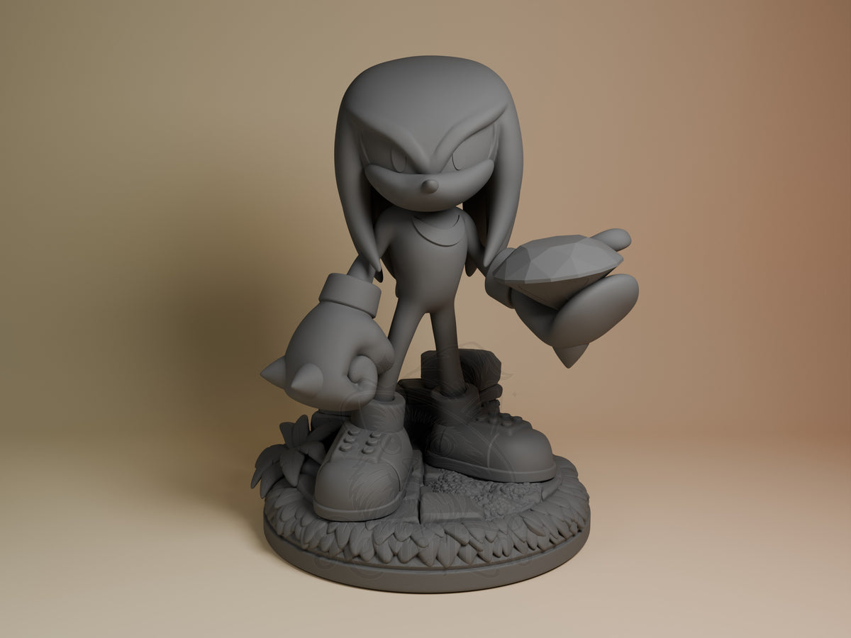 Knuckles resin figure from Sonic shown front-facing in unpainted gray, standing on textured base with fists raised in confident pose.