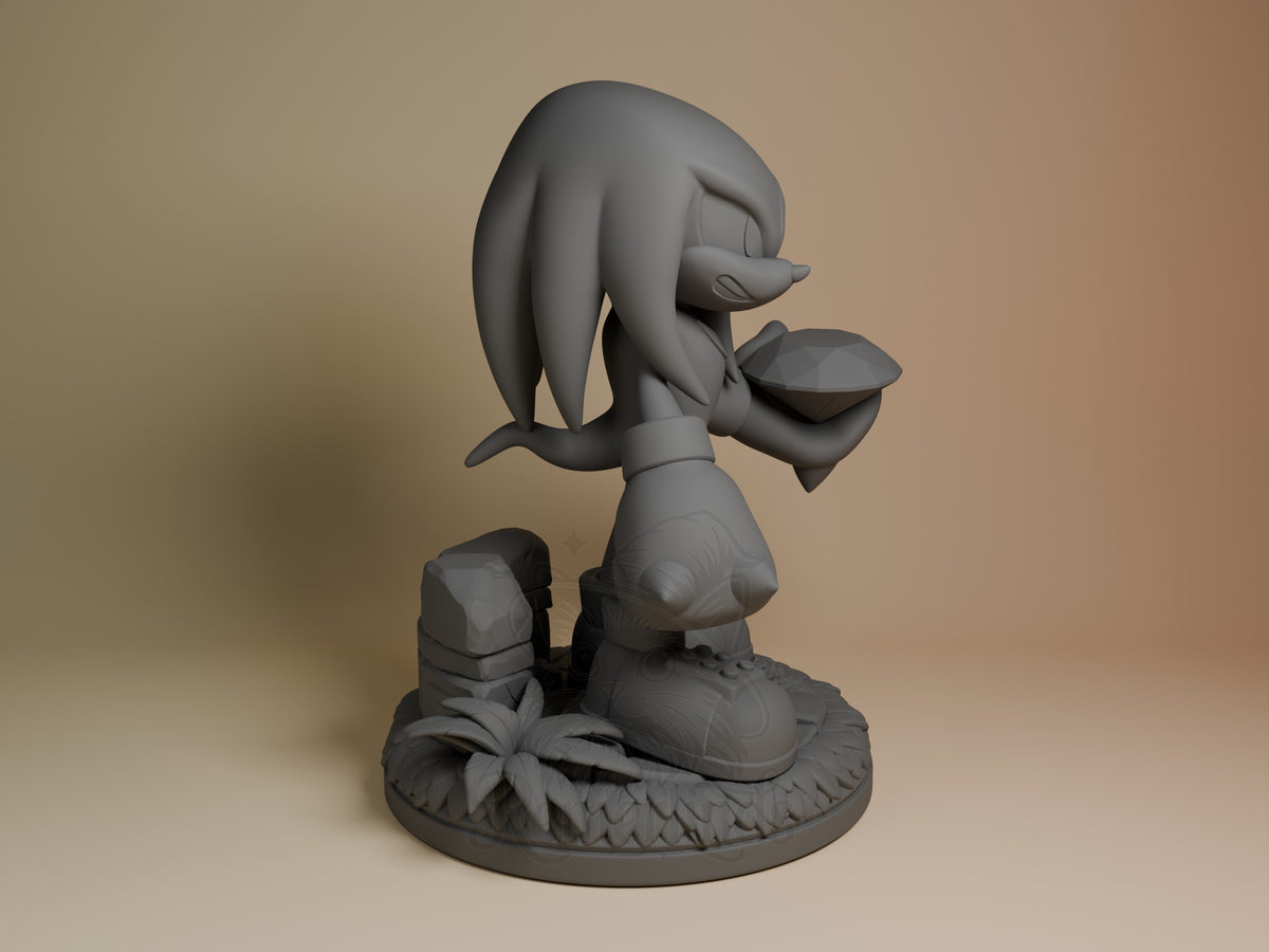 Knuckles 3D printed resin figure shown from right side, unpainted gray, mid-punch pose with fist raised, standing on decorative base with flower detail.