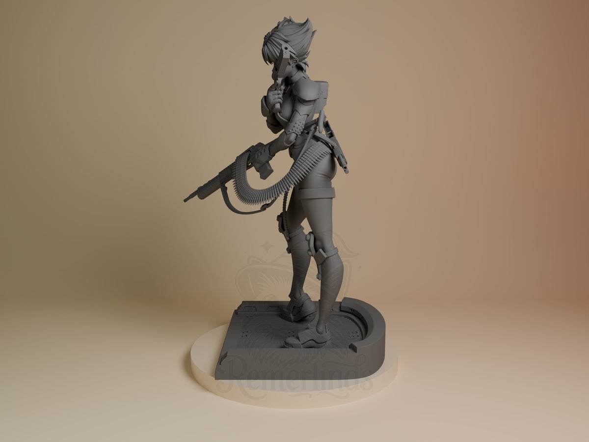 Konoko from Oni resin figure shown from the side, unpainted, with rifle and sculpted base.