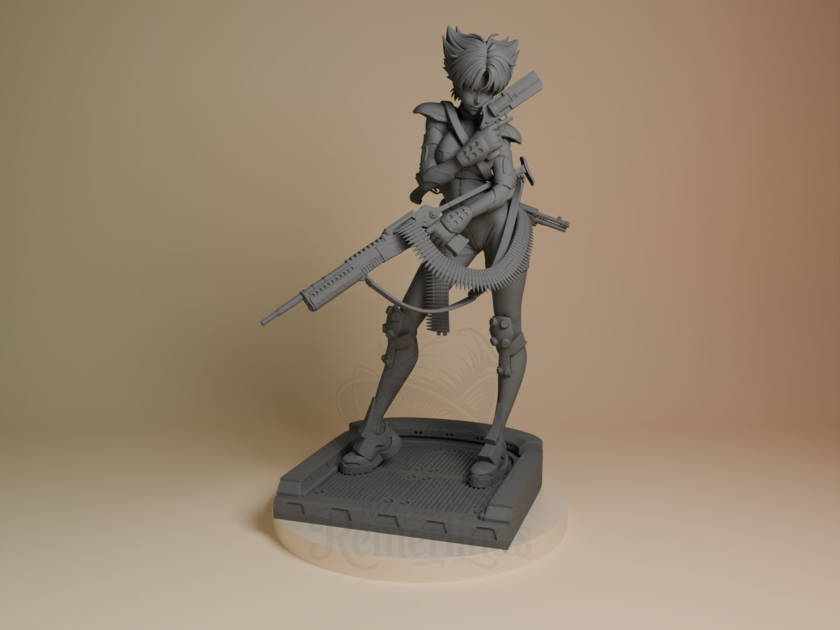 Front view of Konoko from Oni, an unpainted resin figure holding two guns on a sculpted base.