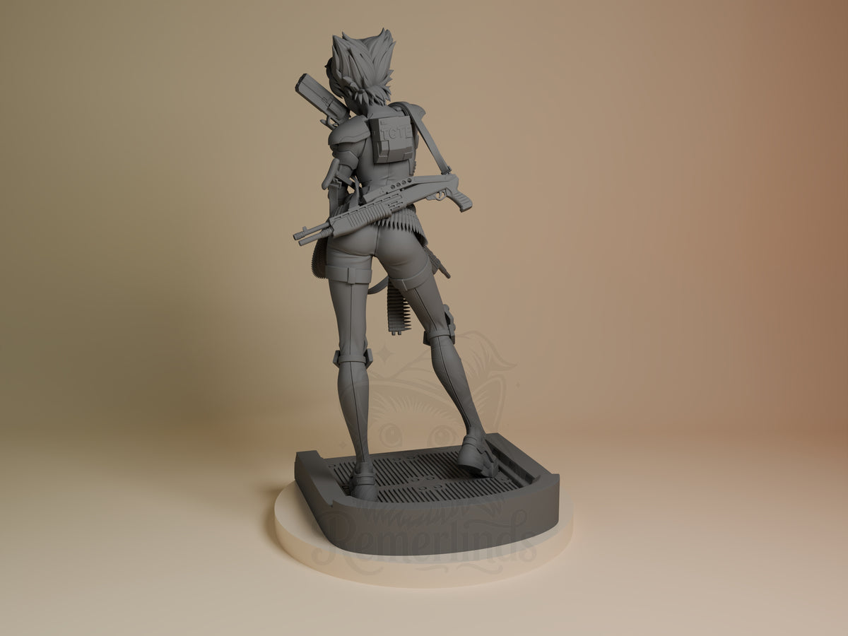 Konoko from Oni is a rear-view, unpainted gray resin figure with weapons on a sculpted base.