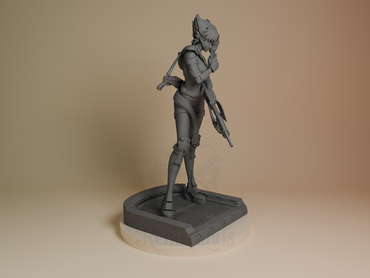 Right-side view of unpainted Konoko from Oni resin figure holding a rifle on a sculpted base.