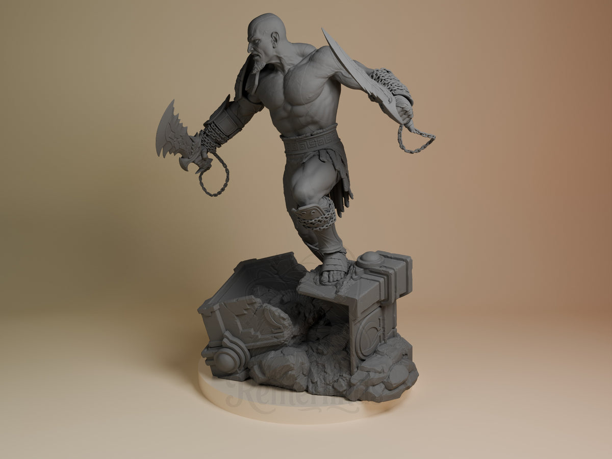 Angled unpainted Kratos from God of War resin figure holds chained blades on a sculpted base.