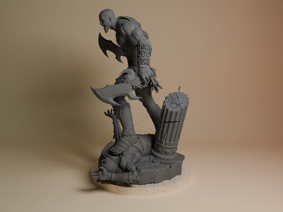 Kratos resin figure displayed at angle, showing unpainted gray details of muscular torso, dual axes, and beast base with architectural column element.