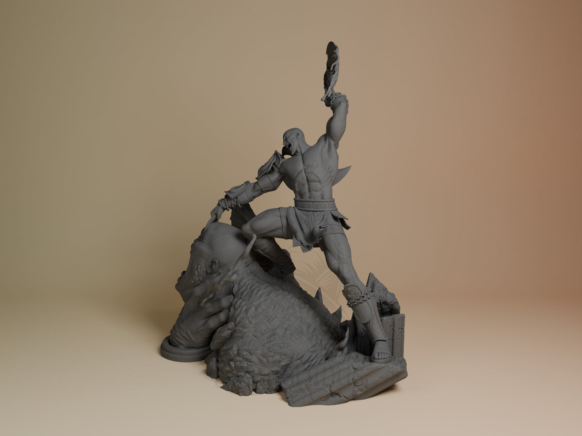 Kratos resin figure shown at three-quarter angle, standing triumphantly over a beast with fist raised, unpainted gray resin on detailed base.