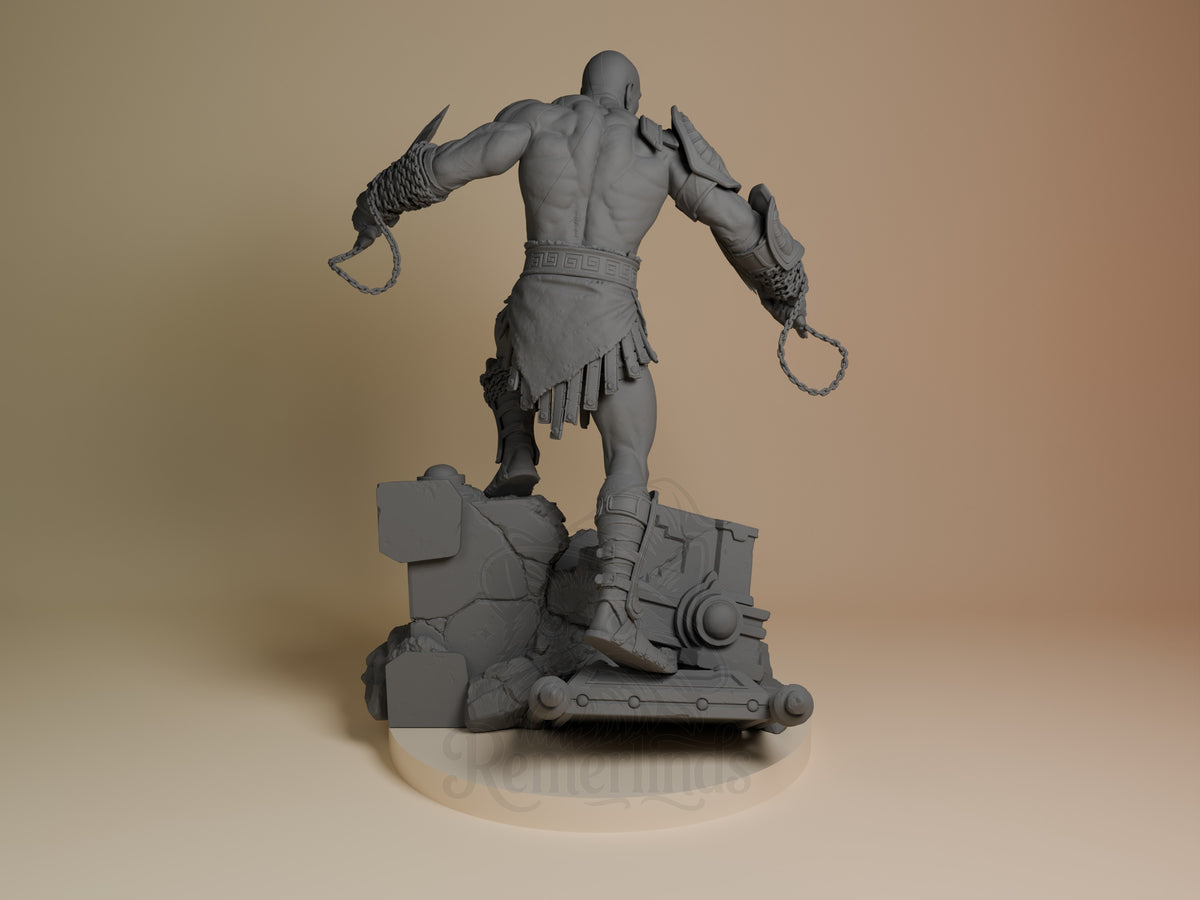 Rear view of Kratos from God of War, an unpainted resin figure shows armor, chains, and sculpted base.